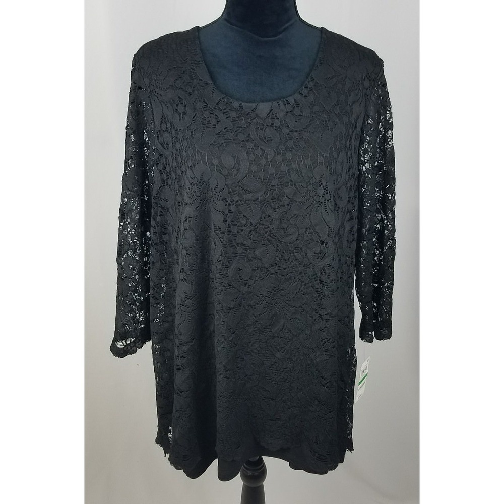 JM Collection women L blouse‎ black floral lace long sleeve career dark Fairy